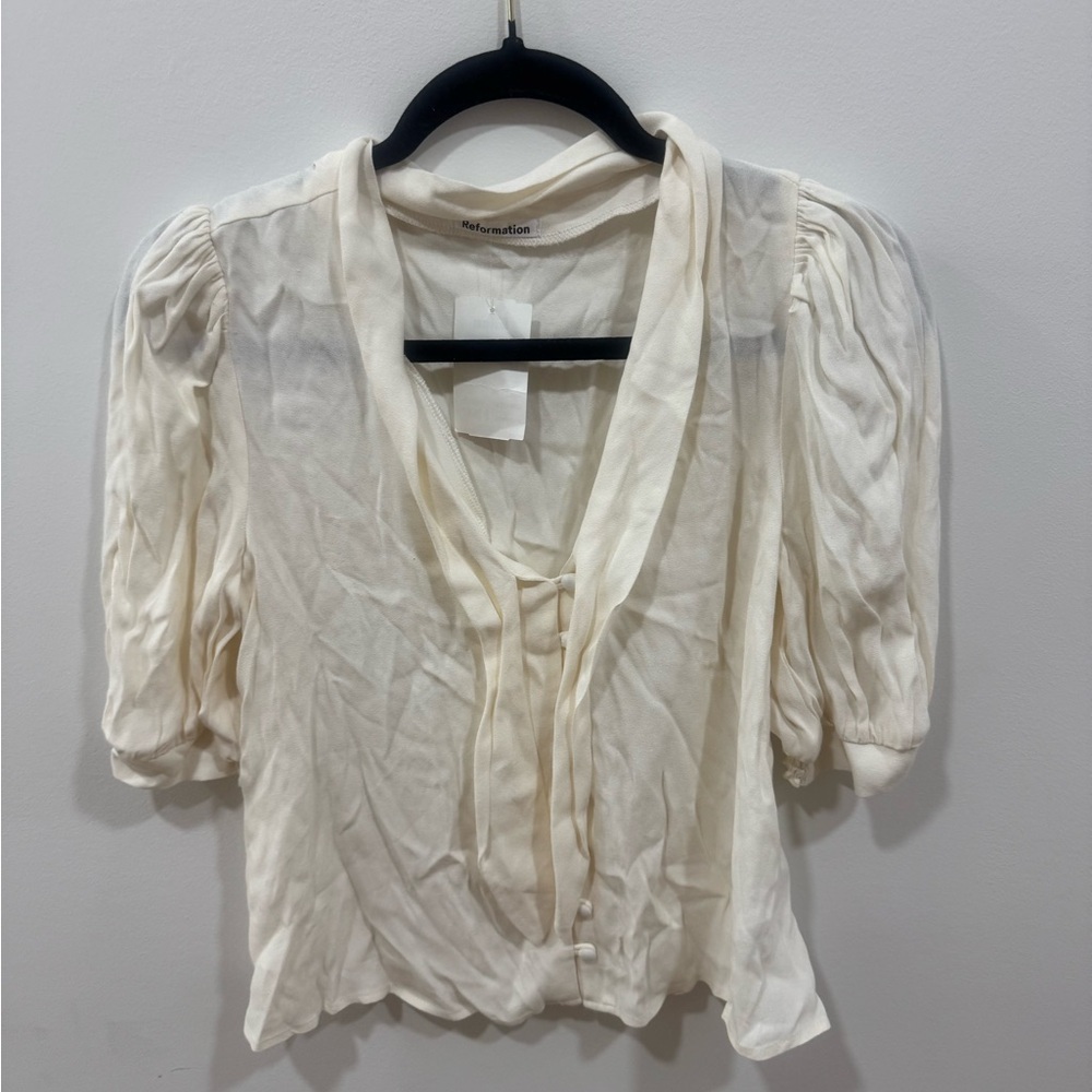 New Reformation Joelle Tie Neck Button-Up Blouse in Gossamer ✨🔥🔥 no 🏷️ XS